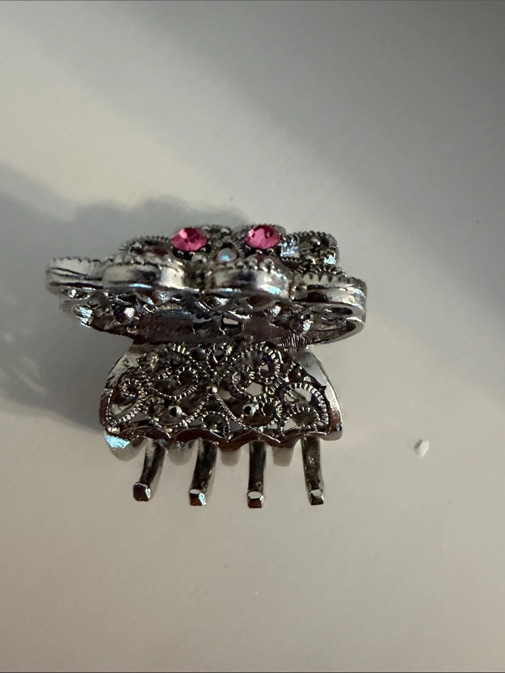 Ornate Silver-Tone Hair Clip/claw with Pink Crystal Accents. Like a butterfly.